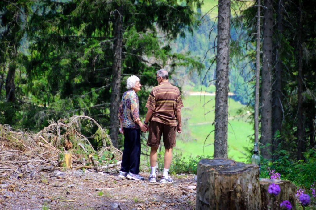 a pair of elders walking in the forest